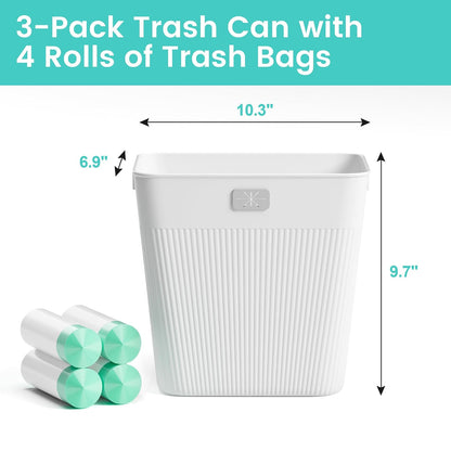 JOYMOOP Slim Trash Can 3-Pack, 2.2 Gallon Plastic Wastebasket for Bathroom, Bedroom, Office, Kitchen with 4 Rolls Bags, White