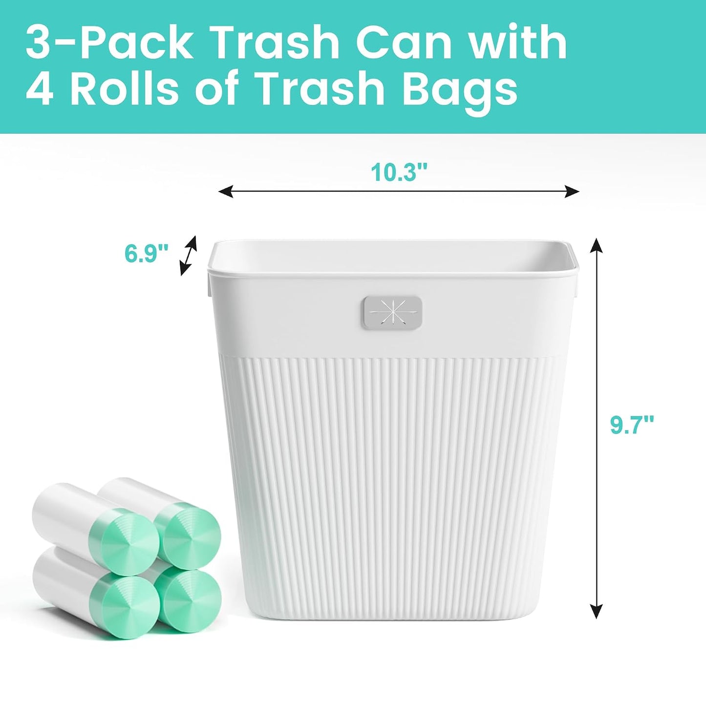 JOYMOOP Slim Trash Can 8-Pack, 2.2 Gallon Plastic Wastebasket for Bathroom, Bedroom, Office, Kitchen with 4 Rolls Bags, White