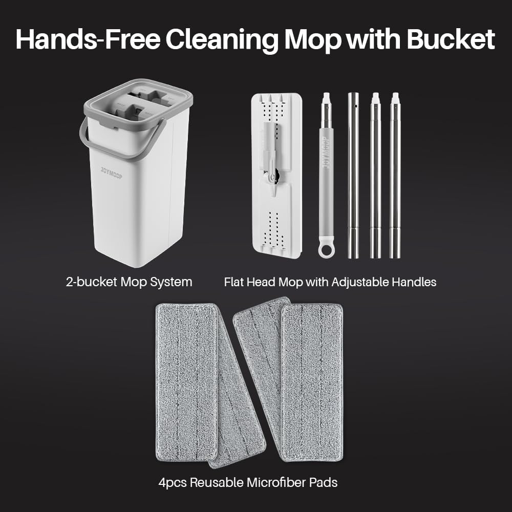 JOYMOOP Mop and Bucket Set, Dust Mops for Floor Cleaning, Wall Mop with 4 Microfiber Mop Head Replacement