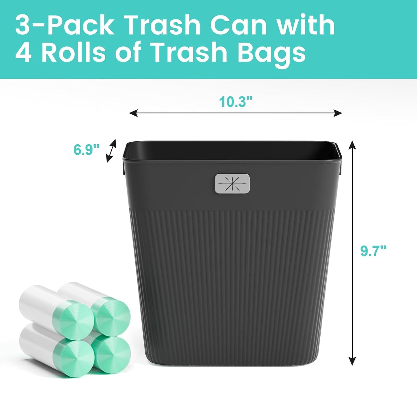 JOYMOOP Slim Trash Can 3-Pack, 2.2 Gallon Plastic Wastebasket for Bathroom, Bedroom, Office, Kitchen with 4 Rolls Bags, Black