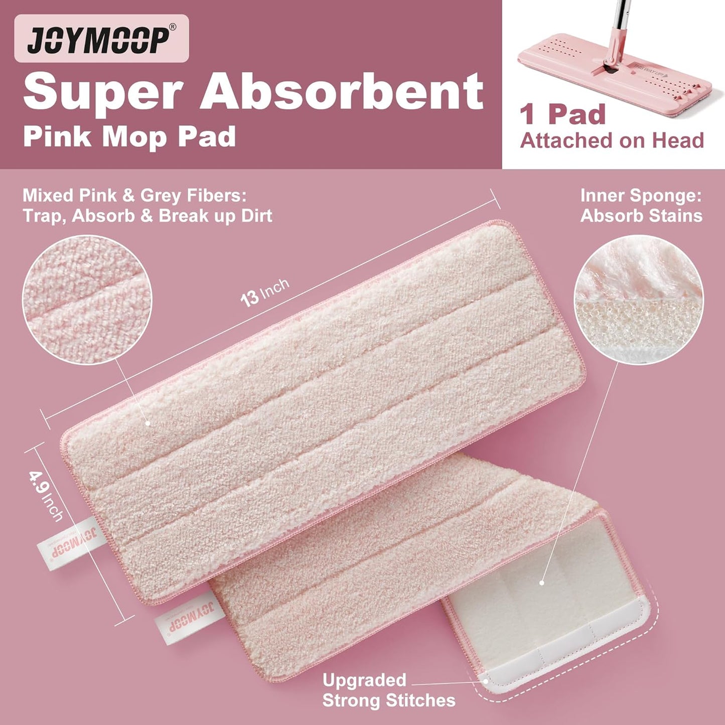 JOYMOOP Flat Mop, Microfiber Mops for Floor Cleaning and Wall Cleaner, 60" Long Handle with Flexible 13" Flat Head with a Microfiber Mop Pad - Pink