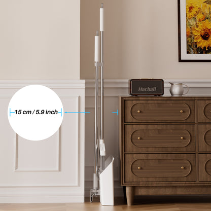 Roll over image to zoom in       3+ JOYMOOP White Broom with Dustpan Combo Set, Upright Stand Up Broom with Built-in Comb Teeth, Angle Broom for Home Kitchen Office Lobby, Pet Hair and Hardwood Floor Sweeping
