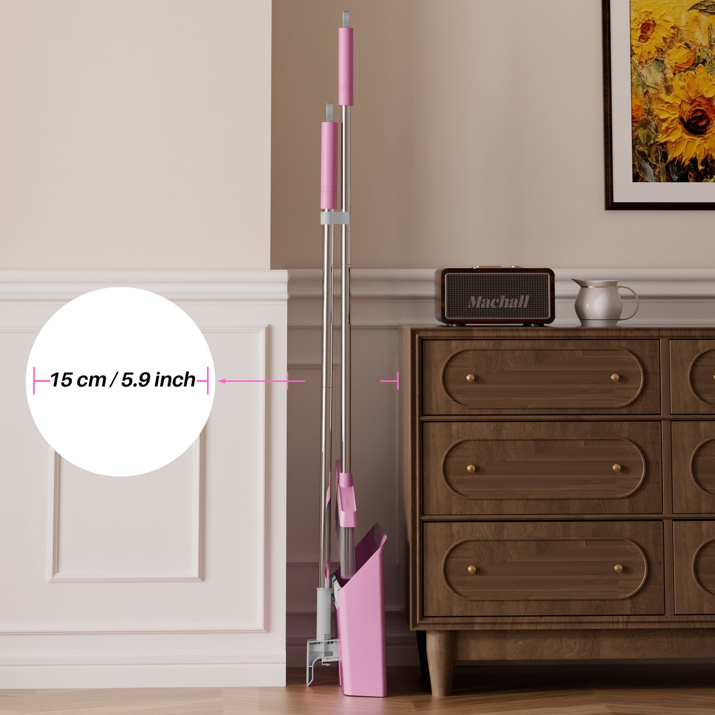JOYMOOP Pink Broom and Dustpan Set with 56" Long Handle, Upright Stand Up Broom with Built-in Comb Teeth, Angle Broom for Home Kitchen Office Lobby, Pet Hair and Hardwood Floor Sweeping