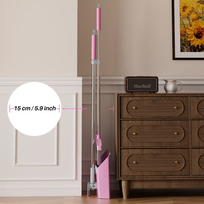 JOYMOOP Pink Broom and Dustpan Set with 56" Long Handle, Upright Stand Up Broom with Built-in Comb Teeth, Angle Broom for Home Kitchen Office Lobby, Pet Hair and Hardwood Floor Sweeping