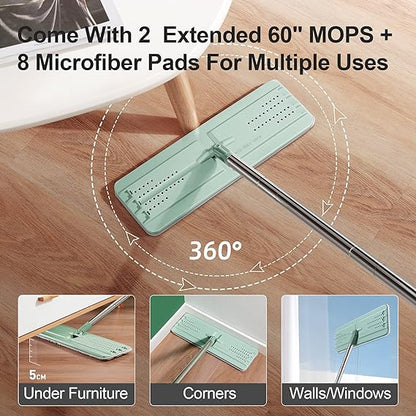 JOYMOOP Flat Mop System, Microfiber Mop and Bucket Set, Green, Household & Commercial Floor Cleaning Mop, Includes 2 Mops and 8 Large Microfiber Pads