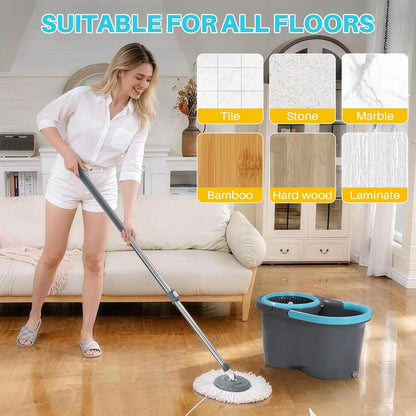 JOYMOOP Spin Mop and Bucket, 360° Mop Head & Telescopic Handle, Wet and Dry Use, 6 Reusable Microfiber Refills, Hands-Free Cleaning for Hardwood, Tile, Laminate Floors & Walls（副本）