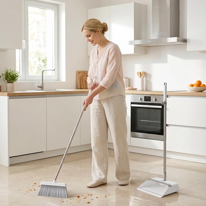 JOYMOOP 2 PACK Broom and Dustpan Set White, Upright Stand Up Design, Foldable Collapsible Dustpan with Angled Broom, Built-in Comb Tooth, Space Saving Cleaning Supplies for Home Kitchen Hardwood Floor