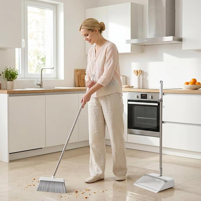 JOYMOOP 2 PACK Broom and Dustpan Set White, Upright Stand Up Design, Foldable Collapsible Dustpan with Angled Broom, Built-in Comb Tooth, Space Saving Cleaning Supplies for Home Kitchen Hardwood Floor