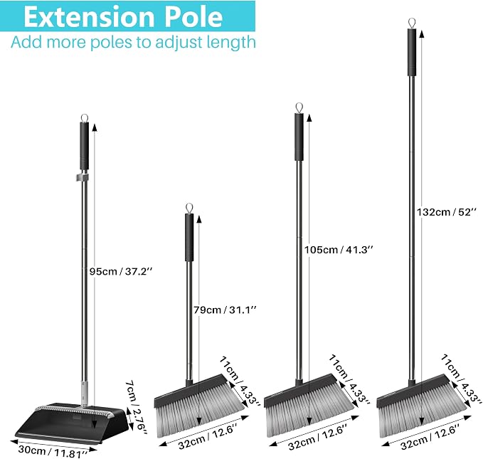 JOYMOOP Black Broom and Dustpan Set with Built-in Comb Tooth, Upright Stand Up Design, Foldable Collapsible Dustpan with Angled Broom, Space Saving Cleaning Supplies for Home Kitchen Hardwood Floor
