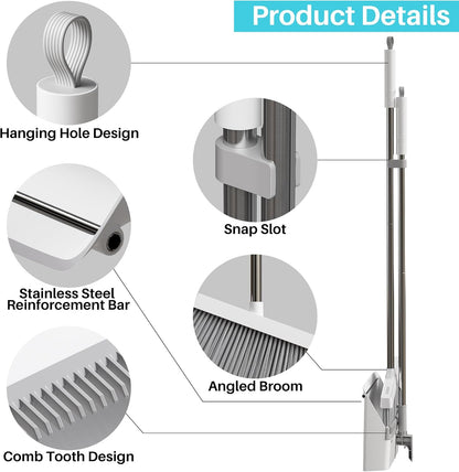 JOYMOOP 2 PACK Broom and Dustpan Set White, Upright Stand Up Design, Foldable Collapsible Dustpan with Angled Broom, Built-in Comb Tooth, Space Saving Cleaning Supplies for Home Kitchen Hardwood Floor
