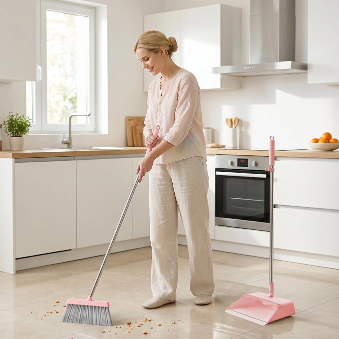 JOYMOOP Pink Broom and Dustpan Set with Built-in Comb Tooth, Upright Stand Up Design, Foldable Collapsible Dustpan with Angled Broom, Space Saving Cleaning Supplies for Home Kitchen Hardwood Floor