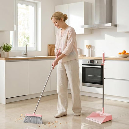 JOYMOOP Pink Broom and Dustpan Set with Built-in Comb Tooth, Upright Stand Up Design, Foldable Collapsible Dustpan with Angled Broom, Space Saving Cleaning Supplies for Home Kitchen Hardwood Floor