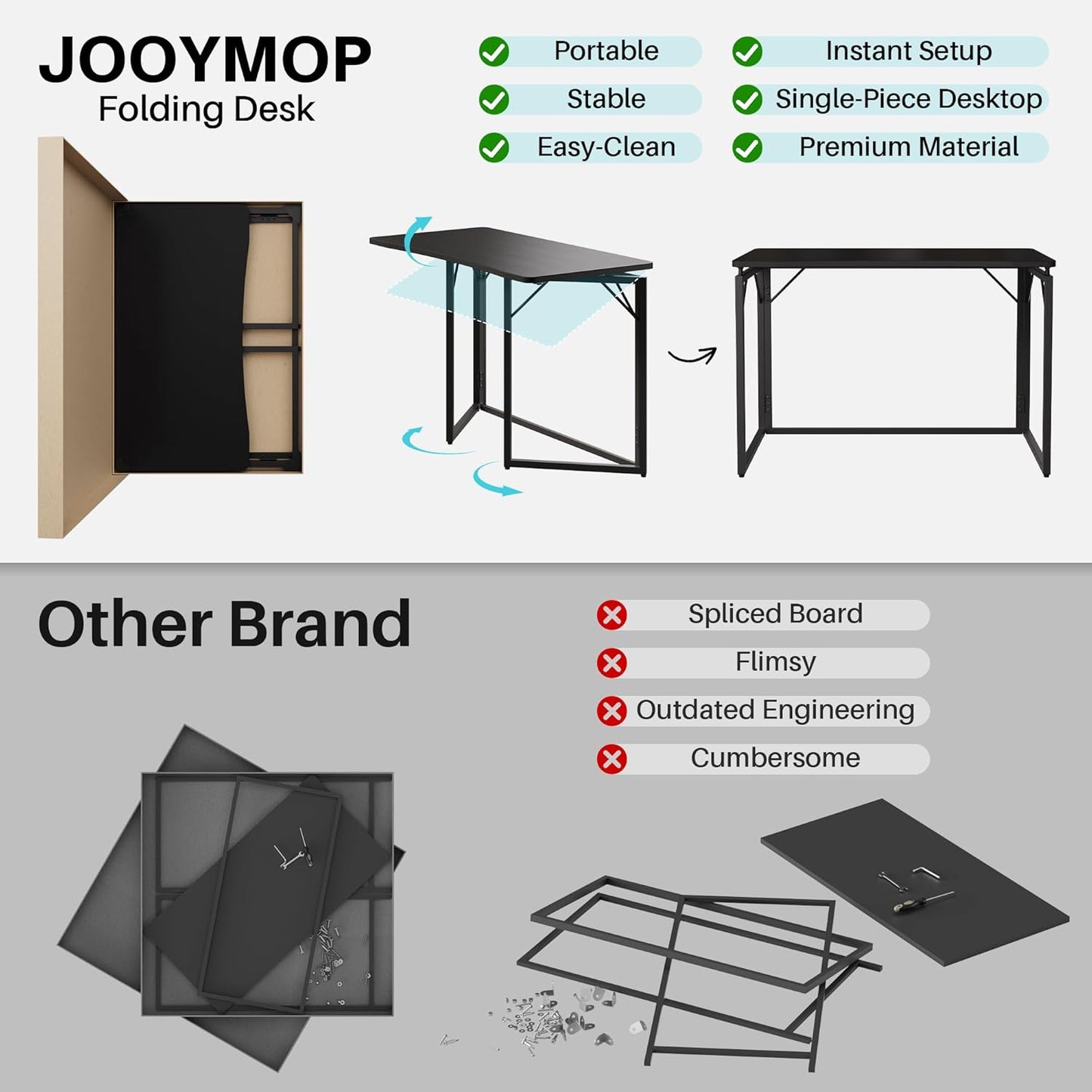 JOYMOOP Black 47.2" Folding Desk, No Assembly Small Foldable Desk for Home, Office, Wooden Top Folding Computer Desk for Working, Writing, Studying - Large Size