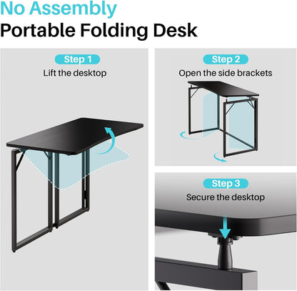 JOYMOOP Black 47.2" Folding Desk, No Assembly Small Foldable Desk for Home, Office, Wooden Top Folding Computer Desk for Working, Writing, Studying - Large Size