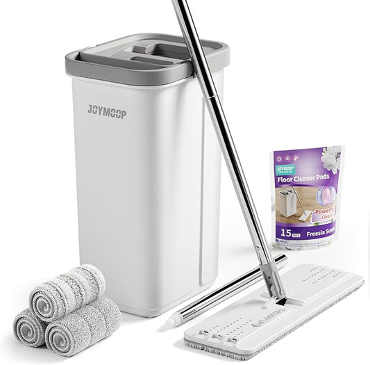JOYMOOP Mop and Bucket with Wringer Set and Floor Cleaner Pods, Flat Floor Mop with 3 Reusable Microfiber Pads, Wet and Dry Use, Freesia Scent Pack of 15 Pacs for Floor Cleaning