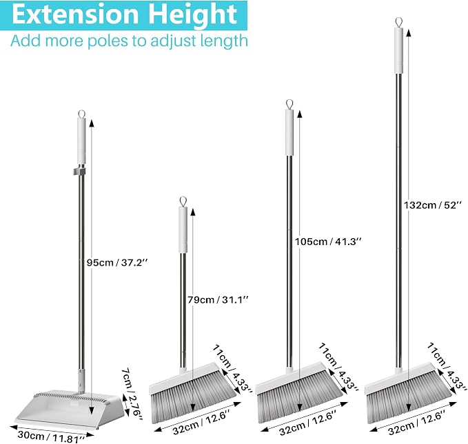 JOYMOOP 2 PACK Broom and Dustpan Set White, Upright Stand Up Design, Foldable Collapsible Dustpan with Angled Broom, Built-in Comb Tooth, Space Saving Cleaning Supplies for Home Kitchen Hardwood Floor