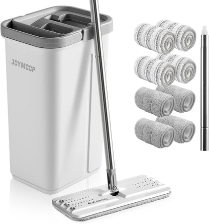 JOYMOOP Mop and Bucket with Wringer Set, Hands Free Flat Floor Mop and Bucket, with 3 Washable Microfiber Pads, Wet and Dry Use, Floor Cleaning System