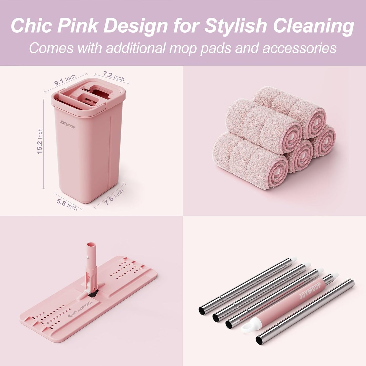 JOYMOOP Pink Mop and Bucket with Wringer Set for Home, with 5 Reusable Microfiber Mop Pads, Hands-Free Self-Cleaning System, Suitable for Floor Cleaning and Wall Cleaner