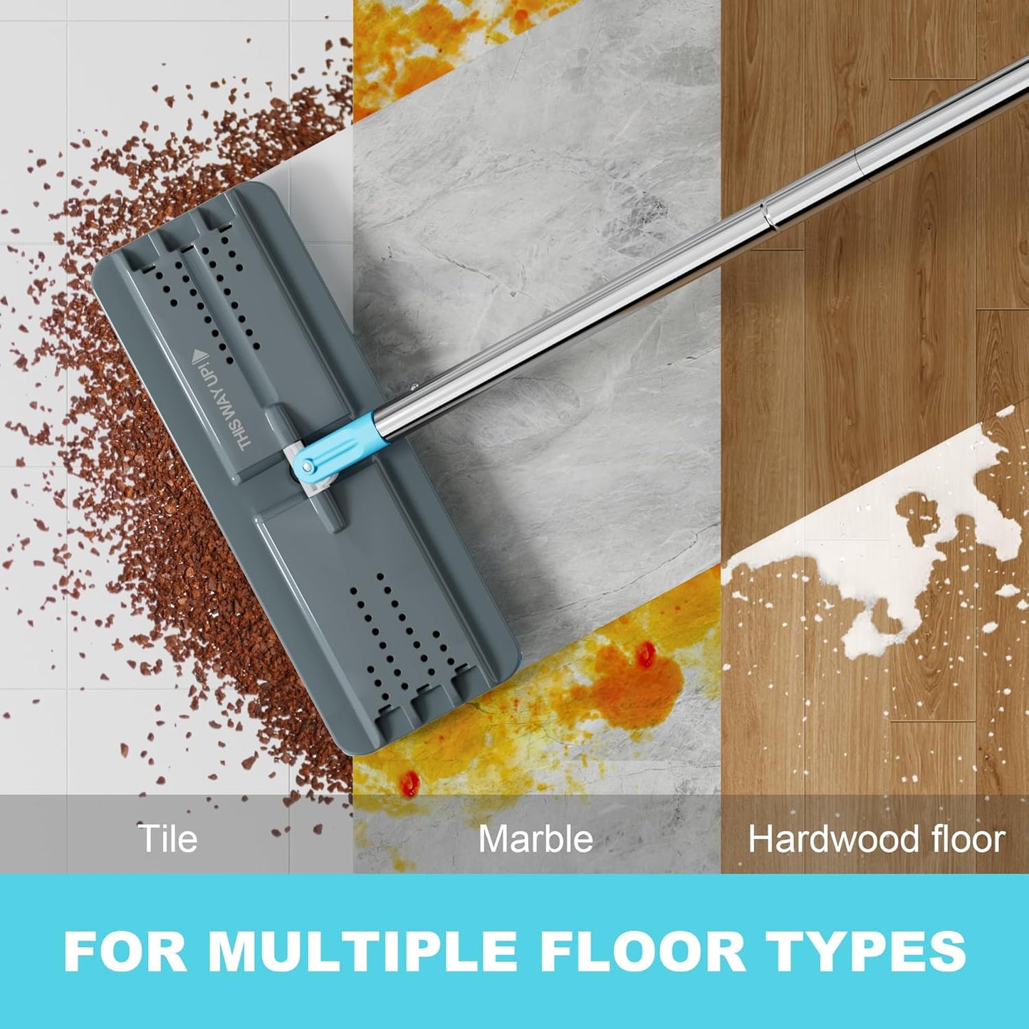 JOYMOOP Mop and Bucket Set with Wringer, with 3 Reusable Microfiber Mop Pads, Mops for Floor Cleaning and Wall Cleaning, Hands-Free Flat Mop for Home Use - Grey+Cyan Blue