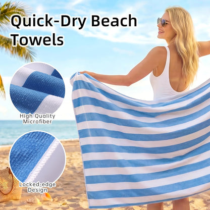 JOYMOOP 3-Pack Microfiber Beach Towel Set – 70" x 35.4" Ultra-Absorbent Beach Towels Oversized, Sand-Free & Portable, Quick-Dry Cabana Stripe Towels with Travel Storage Bags (Blue & White)