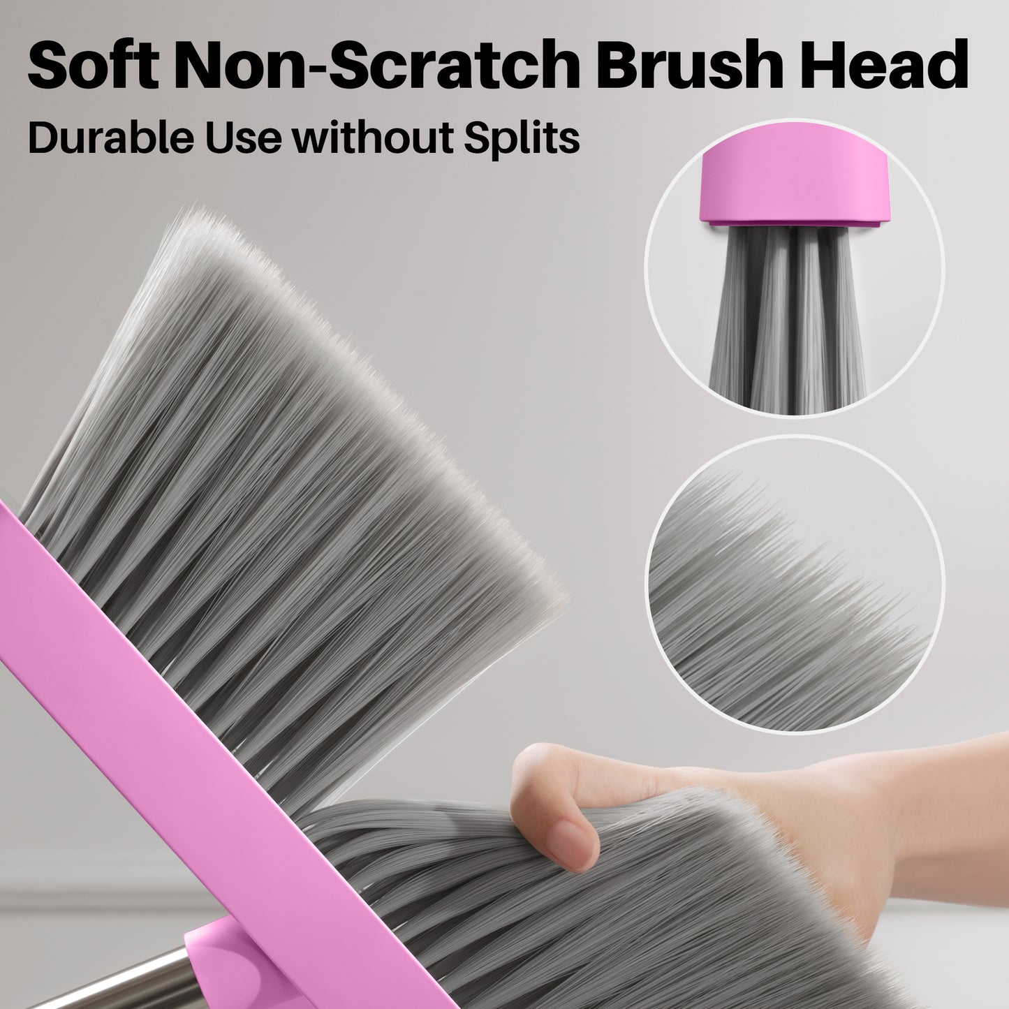 JOYMOOP Pink Broom and Dustpan Set with 56" Long Handle, Upright Stand Up Broom with Built-in Comb Teeth, Angle Broom for Home Kitchen Office Lobby, Pet Hair and Hardwood Floor Sweeping