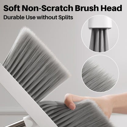 Roll over image to zoom in       3+ JOYMOOP White Broom with Dustpan Combo Set, Upright Stand Up Broom with Built-in Comb Teeth, Angle Broom for Home Kitchen Office Lobby, Pet Hair and Hardwood Floor Sweeping