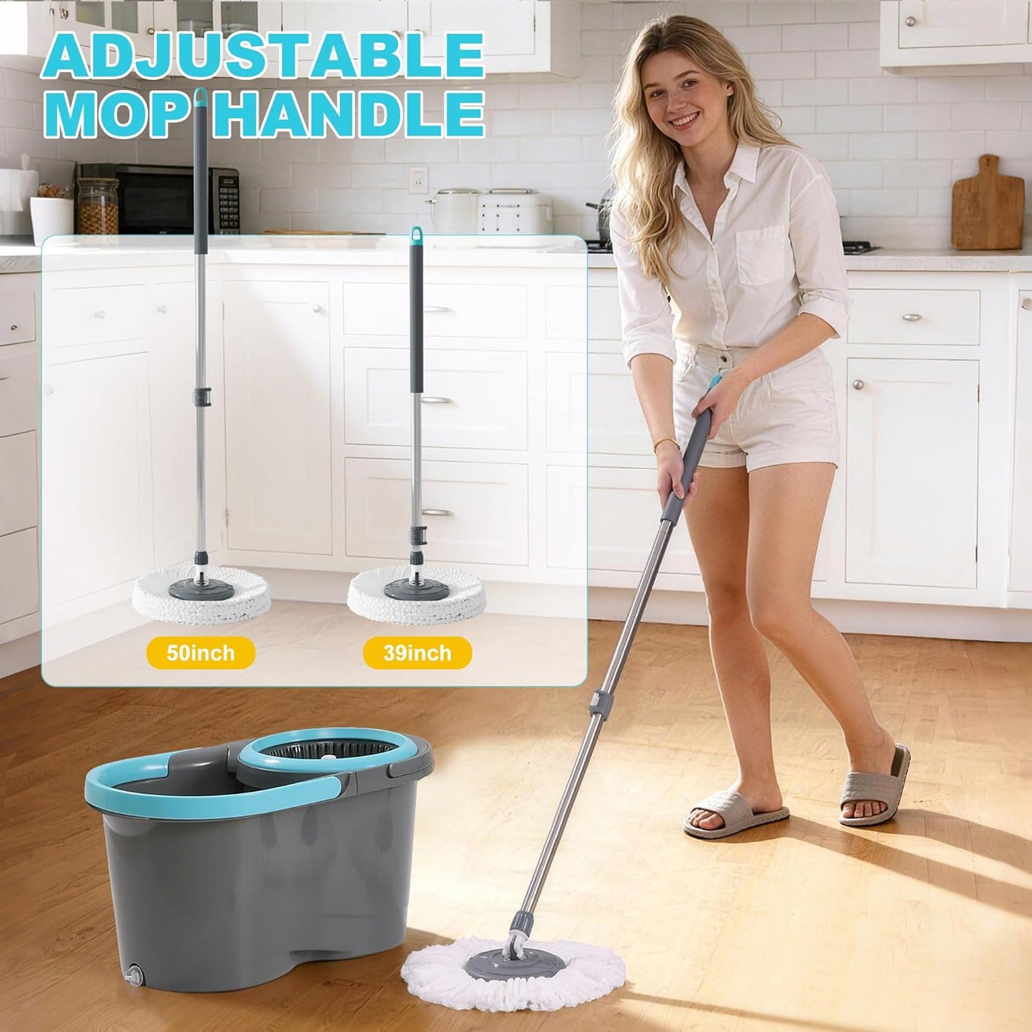 JOYMOOP Spin Mop and Bucket, 360° Mop Head & Telescopic Handle, Wet and Dry Use, 6 Reusable Microfiber Refills, Hands-Free Cleaning for Hardwood, Tile, Laminate Floors & Walls（副本）