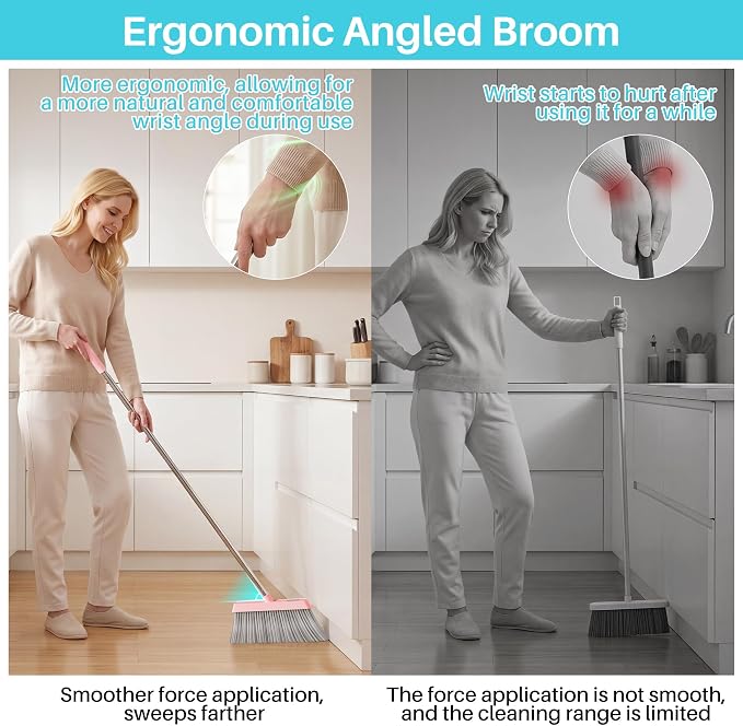 JOYMOOP Pink Broom and Dustpan Set with Built-in Comb Tooth, Upright Stand Up Design, Foldable Collapsible Dustpan with Angled Broom, Space Saving Cleaning Supplies for Home Kitchen Hardwood Floor