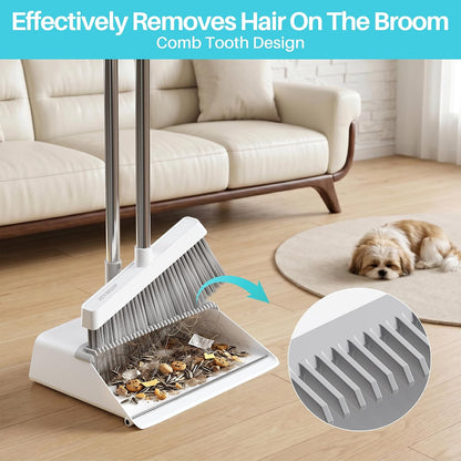 JOYMOOP 2 PACK Broom and Dustpan Set White, Upright Stand Up Design, Foldable Collapsible Dustpan with Angled Broom, Built-in Comb Tooth, Space Saving Cleaning Supplies for Home Kitchen Hardwood Floor