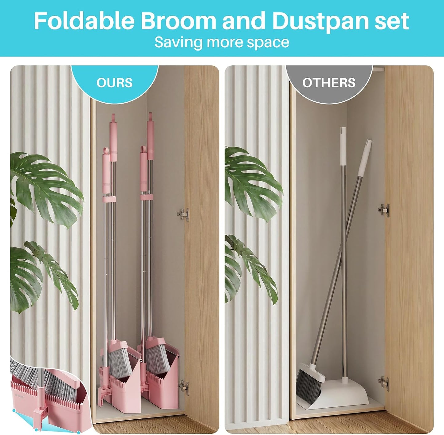 JOYMOOP Pink Broom and Dustpan Set with Built-in Comb Tooth, Upright Stand Up Design, Foldable Collapsible Dustpan with Angled Broom, Space Saving Cleaning Supplies for Home Kitchen Hardwood Floor