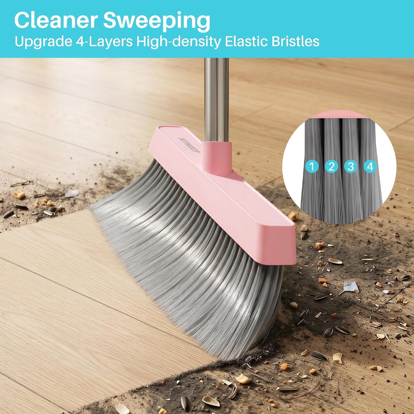 JOYMOOP Pink Broom and Dustpan Set with Built-in Comb Tooth, Upright Stand Up Design, Foldable Collapsible Dustpan with Angled Broom, Space Saving Cleaning Supplies for Home Kitchen Hardwood Floor