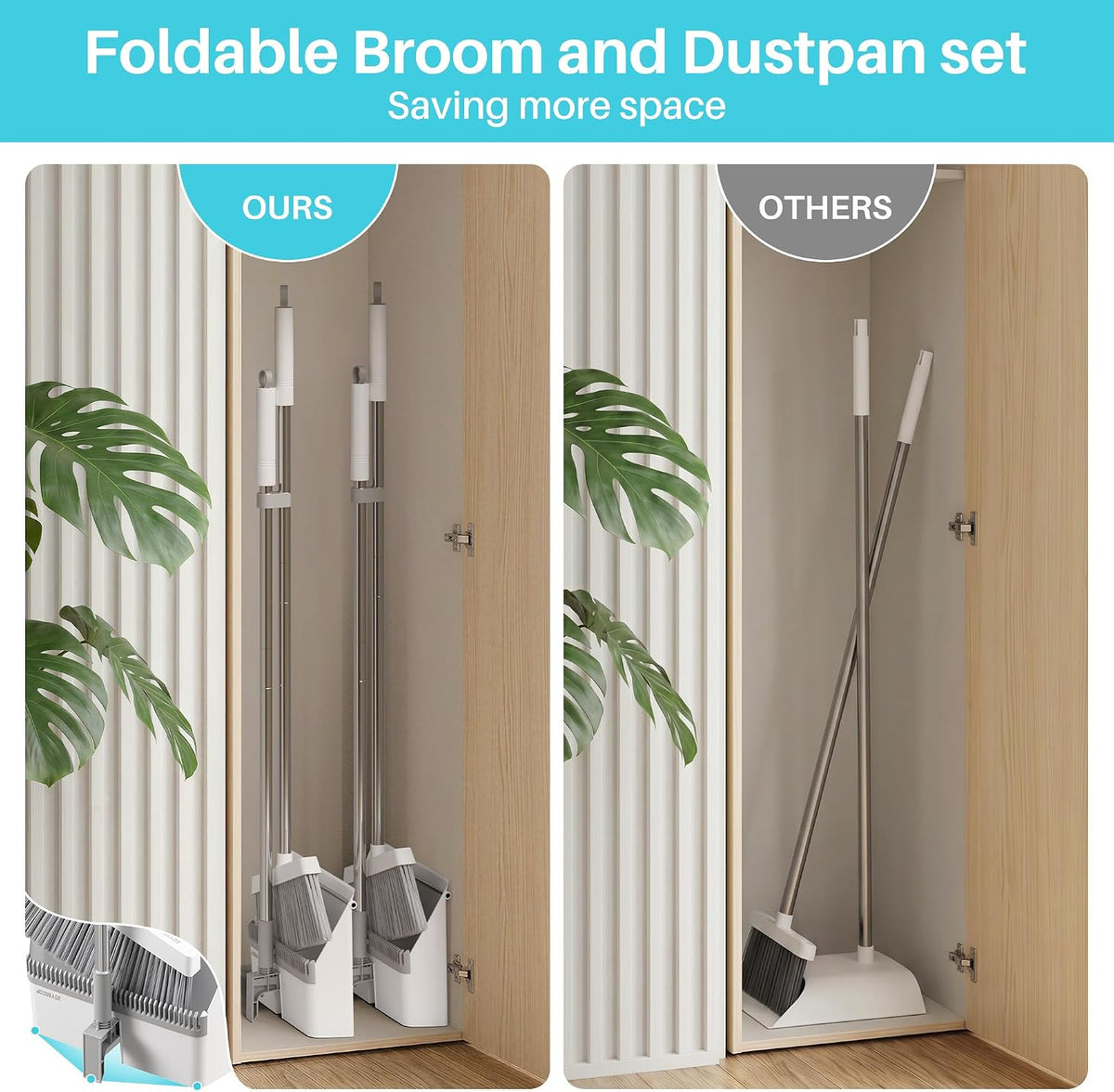 JOYMOOP 2 PACK Broom and Dustpan Set White, Upright Stand Up Design, Foldable Collapsible Dustpan with Angled Broom, Built-in Comb Tooth, Space Saving Cleaning Supplies for Home Kitchen Hardwood Floor