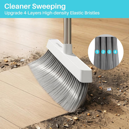 JOYMOOP 2 PACK Broom and Dustpan Set White, Upright Stand Up Design, Foldable Collapsible Dustpan with Angled Broom, Built-in Comb Tooth, Space Saving Cleaning Supplies for Home Kitchen Hardwood Floor
