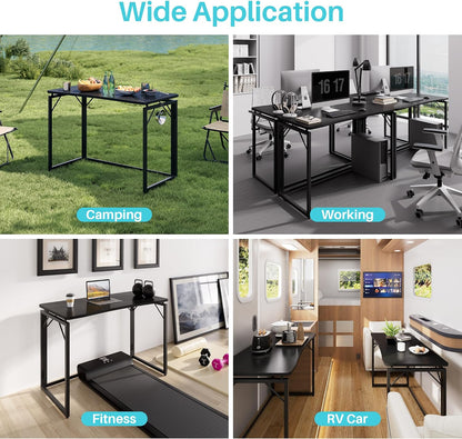 JOYMOOP Black 47.2" Folding Desk, No Assembly Small Foldable Desk for Home, Office, Wooden Top Folding Computer Desk for Working, Writing, Studying - Large Size