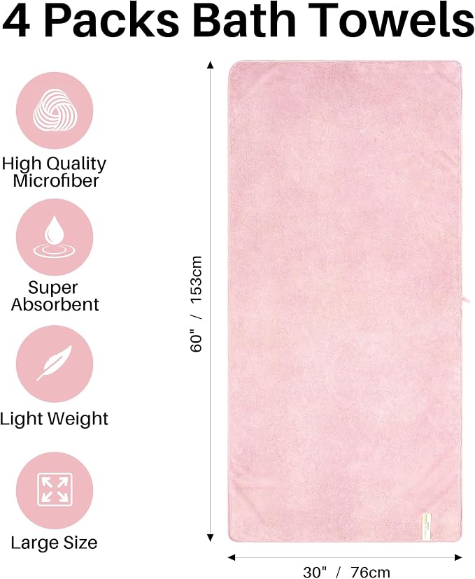 JOYMOOP Bath Towels 4 Packs Extra Large 60" x 30", Quicker to Dry Towels for Bathroom, Super Soft and Absorbent Mcirofiber, Larger & Lighter Weight Bathroom Towels, Mixed Color