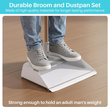 JOYMOOP 2 PACK Broom and Dustpan Set White, Upright Stand Up Design, Foldable Collapsible Dustpan with Angled Broom, Built-in Comb Tooth, Space Saving Cleaning Supplies for Home Kitchen Hardwood Floor