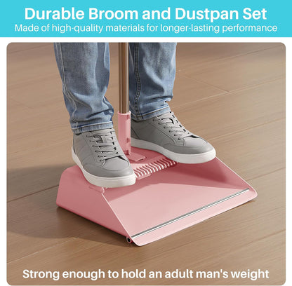 JOYMOOP Pink Broom and Dustpan Set with Built-in Comb Tooth, Upright Stand Up Design, Foldable Collapsible Dustpan with Angled Broom, Space Saving Cleaning Supplies for Home Kitchen Hardwood Floor