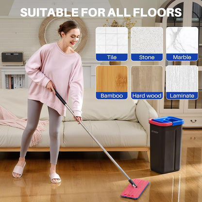 JOYMOOP Mop and Bucket Set for Home, Hands-Free Self-Cleaning System, with 5 Reusable Microfiber Mop Pads, Suitable for Floor Cleaning and Wall Cleaner - Black+Red+Slate Blue