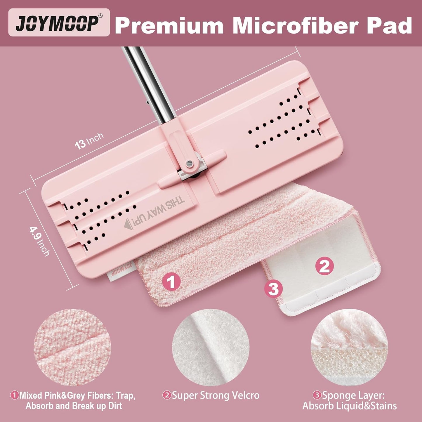 JOYMOOP Flat Mop, Microfiber Mops for Floor Cleaning and Wall Cleaner, 60" Long Handle with Flexible 13" Flat Head with a Microfiber Mop Pad - Pink