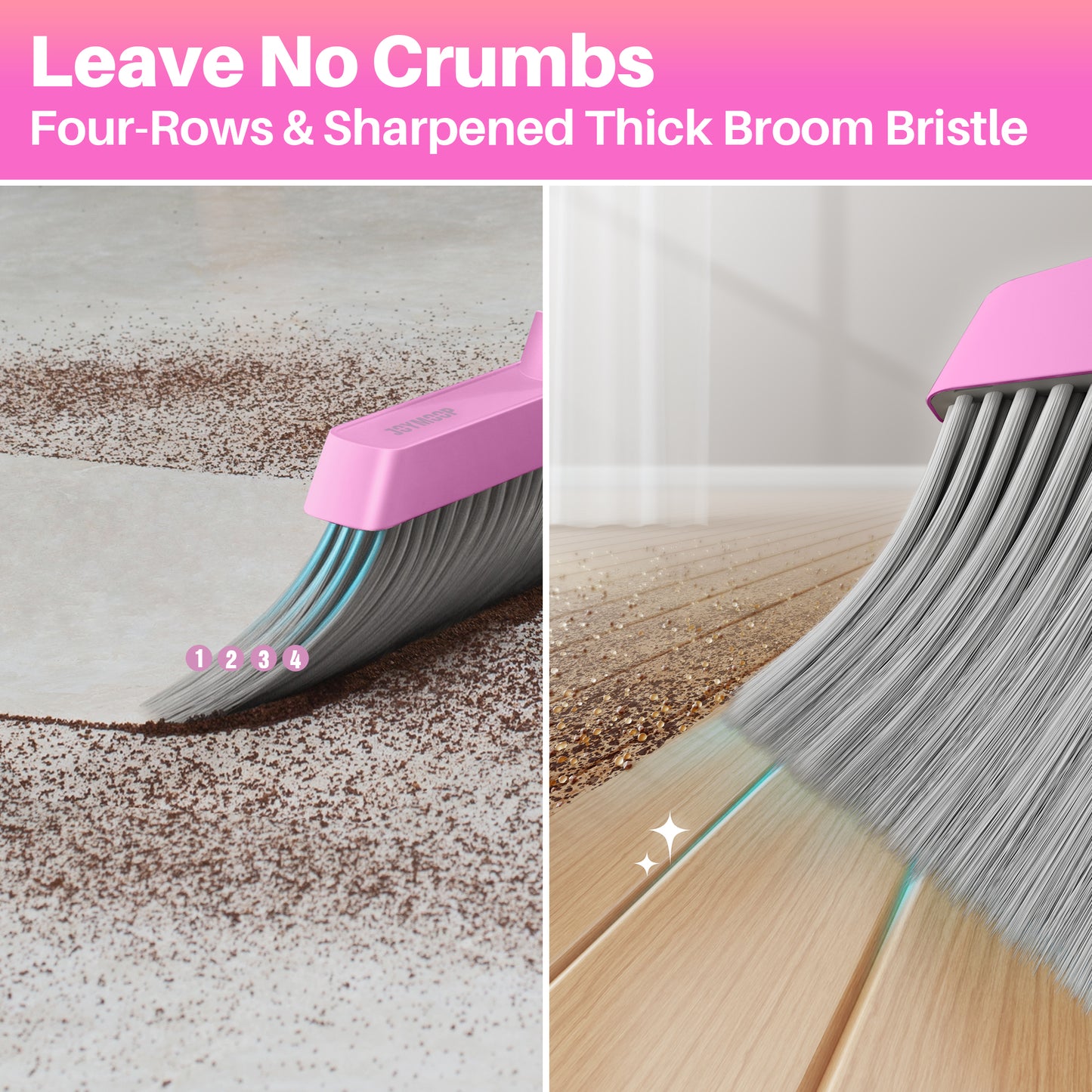 JOYMOOP Pink Broom and Dustpan Set with 56" Long Handle, Upright Stand Up Broom with Built-in Comb Teeth, Angle Broom for Home Kitchen Office Lobby, Pet Hair and Hardwood Floor Sweeping