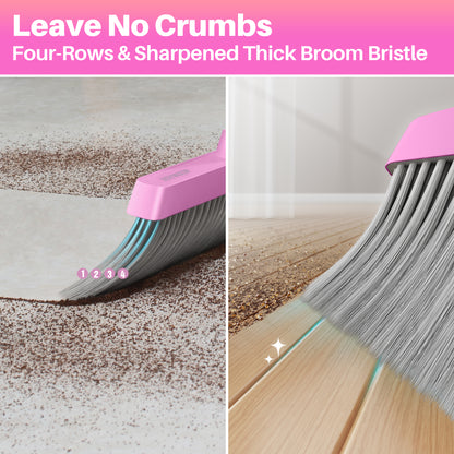 JOYMOOP Pink Broom and Dustpan Set with 56" Long Handle, Upright Stand Up Broom with Built-in Comb Teeth, Angle Broom for Home Kitchen Office Lobby, Pet Hair and Hardwood Floor Sweeping