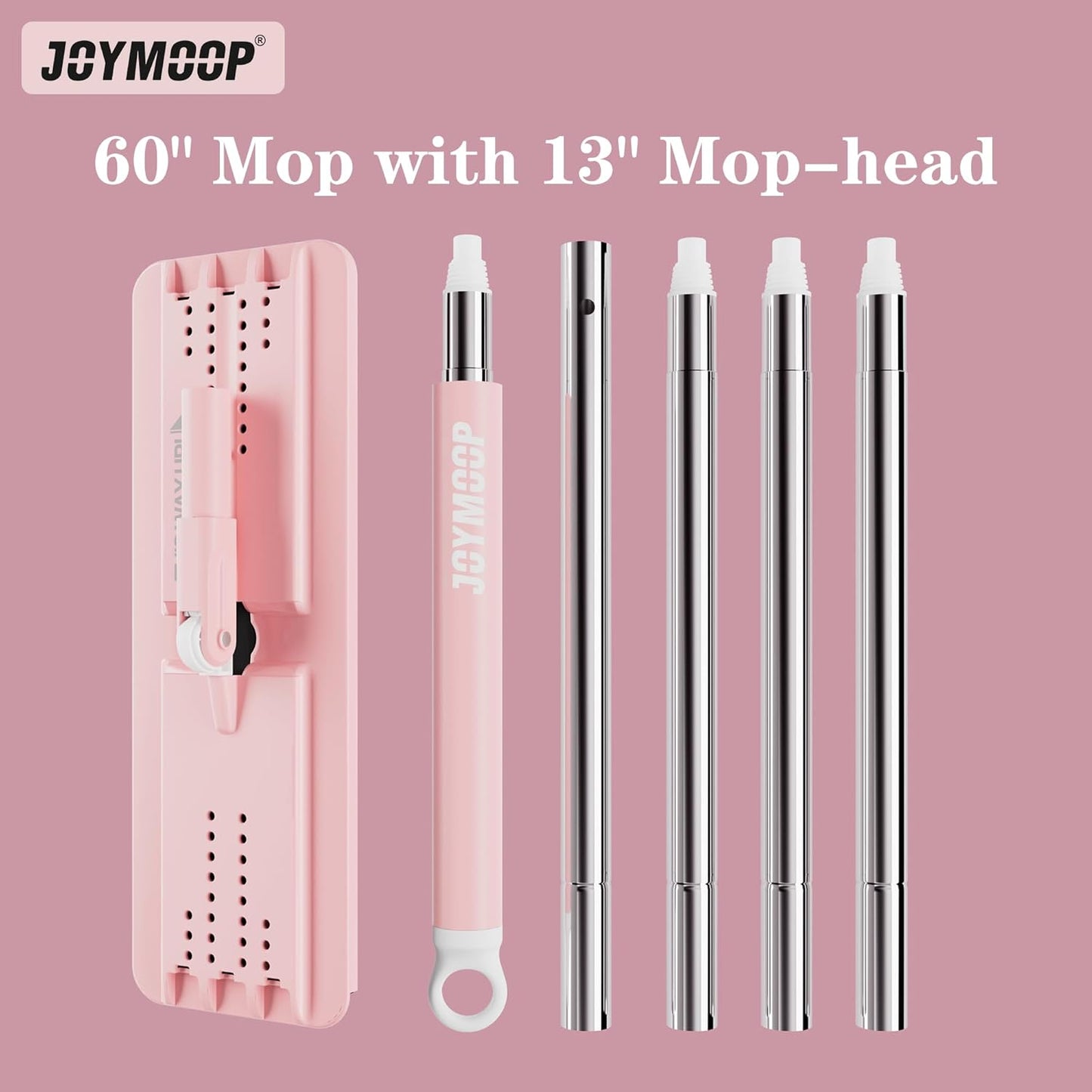 JOYMOOP Flat Mop, Microfiber Mops for Floor Cleaning and Wall Cleaner, 60" Long Handle with Flexible 13" Flat Head with a Microfiber Mop Pad - Pink