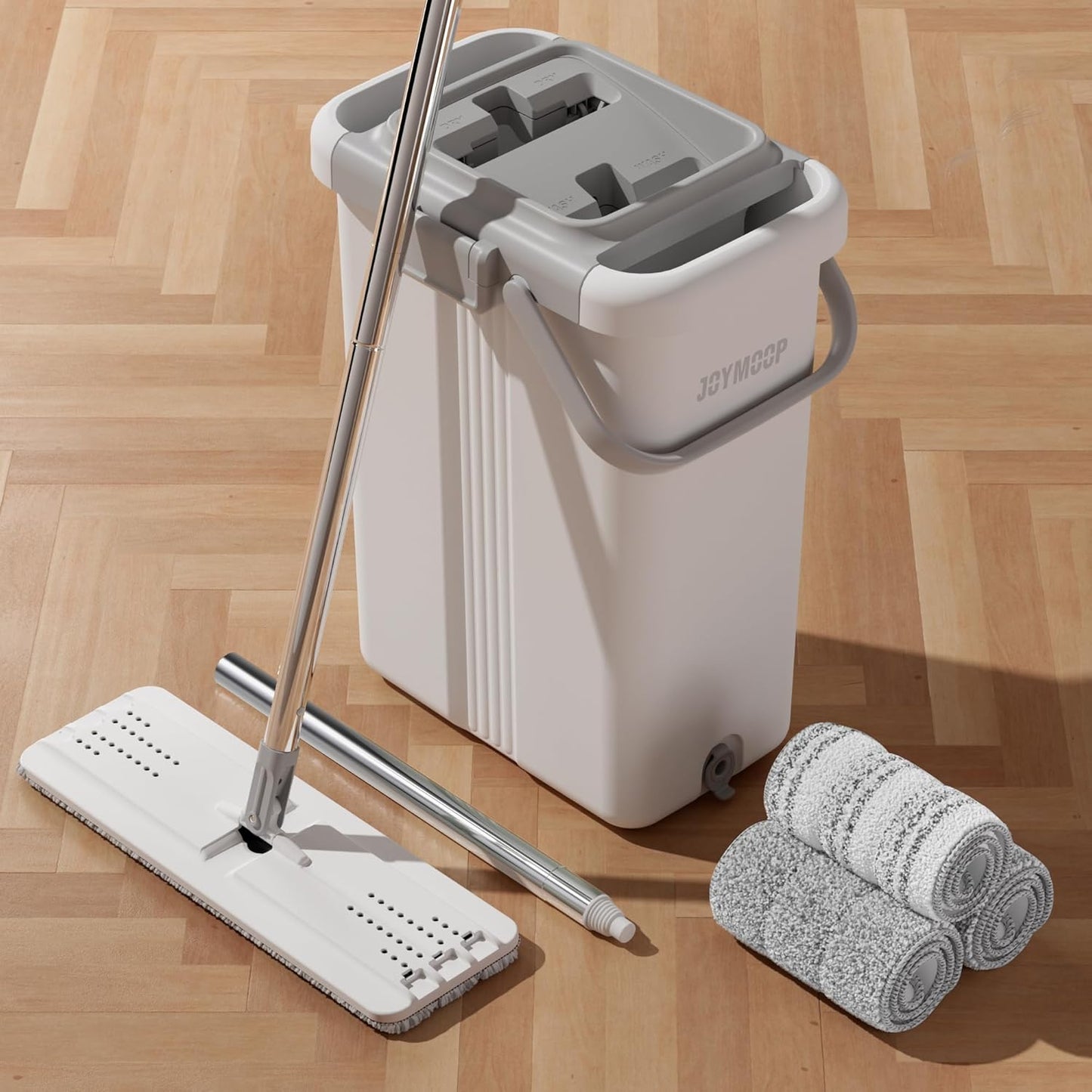 JOYMOOP Mop and Bucket with Wringer Set, Flat Squeeze Mop with Bucket (X-Large), Dust Mop for Wall Cleaner with Long Handle, Microfiber Mop - White Bucket with 3 Reusable 15" Pads