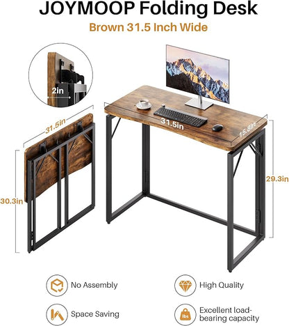 JOYMOOP Folding Desk Rustic Brown - 31.5", No Assembly Small Foldable Desk for Home, Office, Wooden Top Folding Computer Desk for Working, Writing, Studying
